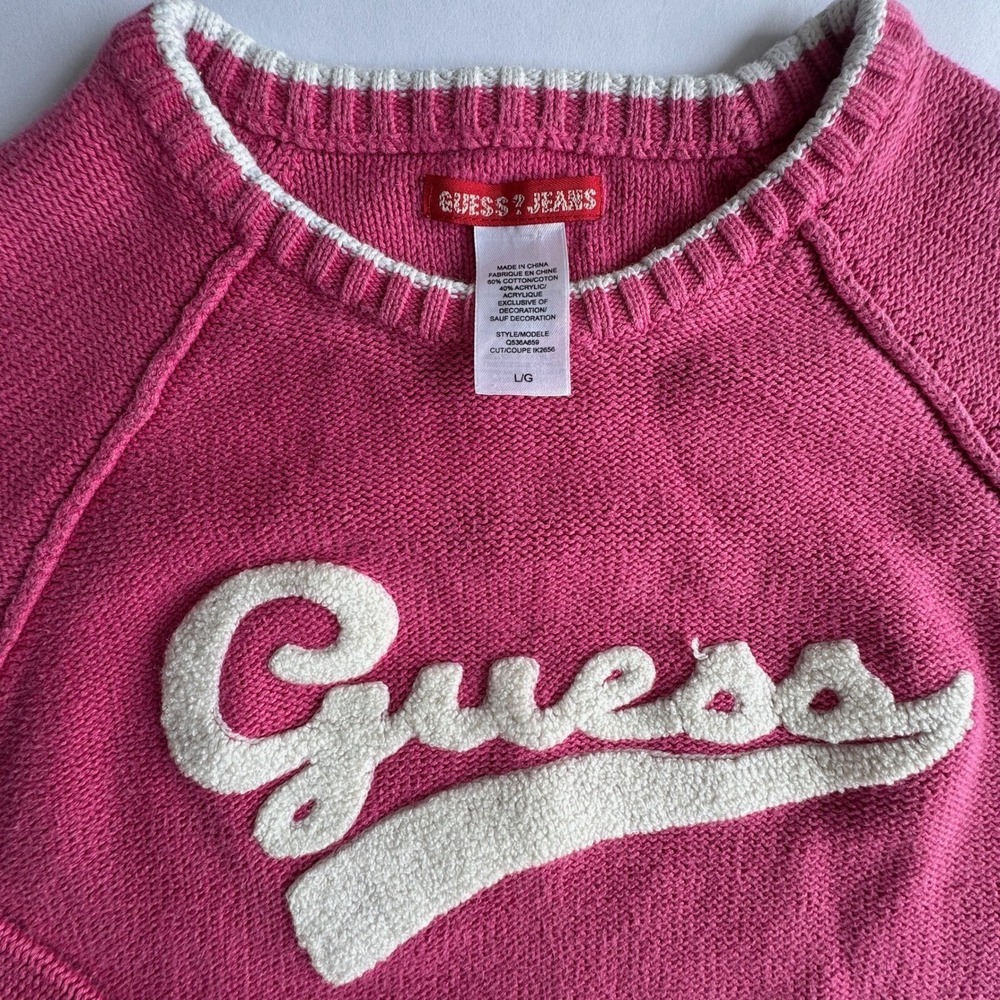Guess Jeans Girls Pink Knit Varsity Logo Sweater Raglan Long Sleeve Q536A659 L/G - Picture 2 of 3